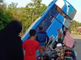 Tabrak Pembatas Jembatan, Bus DAMRI Nyungsep ke Parit