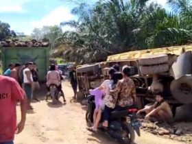 Truk Sawit Terguling di Desa Mamek